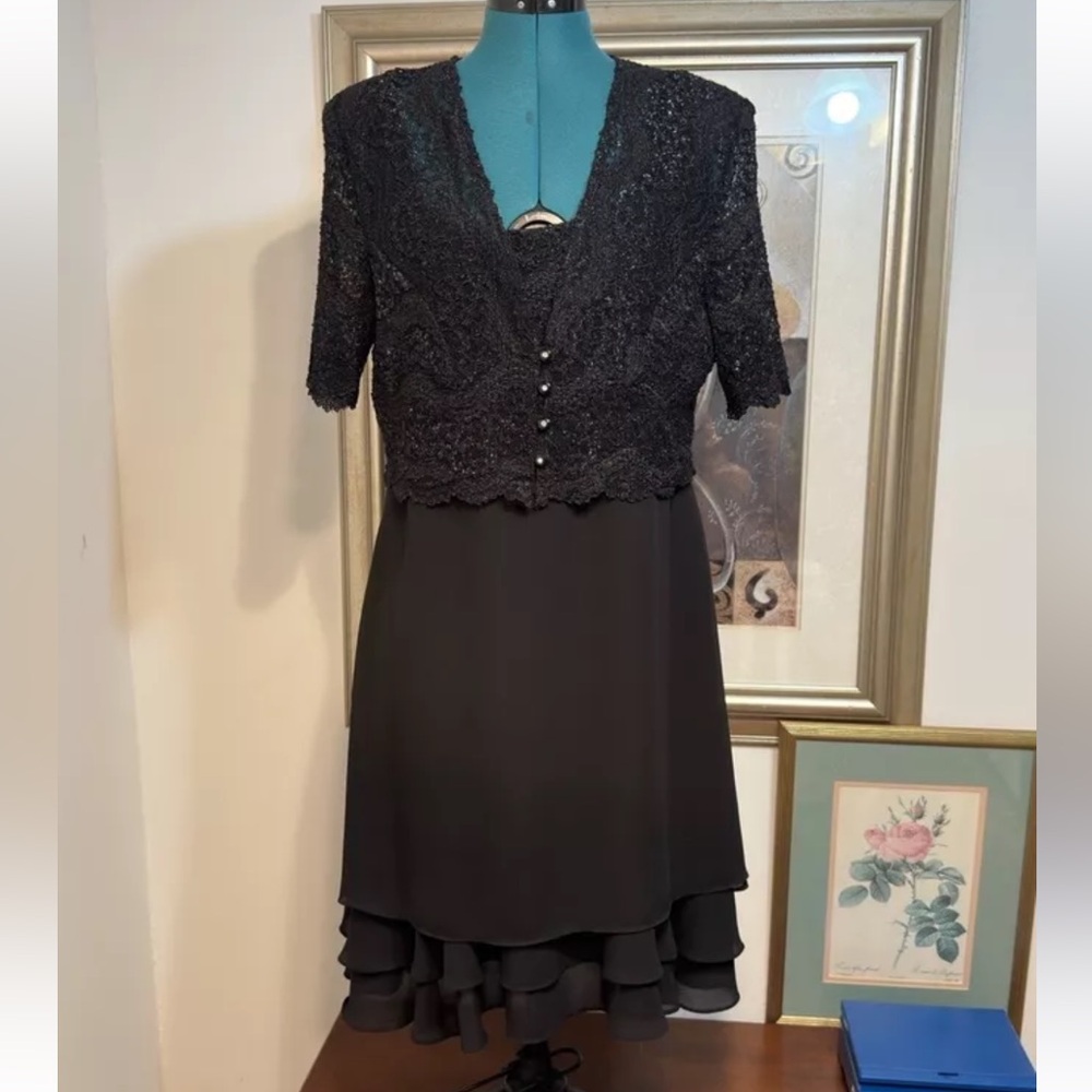 Rhapsody Ltd Women Black Metallic Lace Layered 2 Piece Jacket Dress Set Size 14